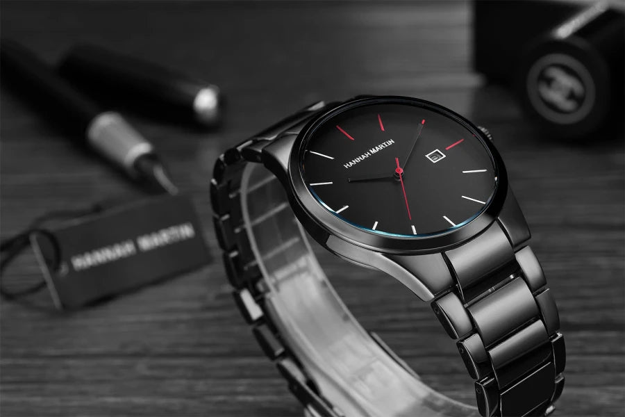 Relógio de homem Hannah Martin, caixa em aço inoxidável, movimento de quartzo, mostrador de 41 mm, estilo profissional, com indicação do calendário (imitação)