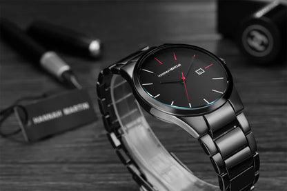 Relógio de homem Hannah Martin, caixa em aço inoxidável, movimento de quartzo, mostrador de 41 mm, estilo profissional, com indicação do calendário (imitação)