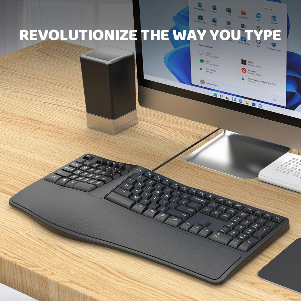 Tastiera ergonomica cablata USB K9 divisa, tastiera ergonomica con poggiapolsi, 110 tasti, tastiera gaming per uffici professionali