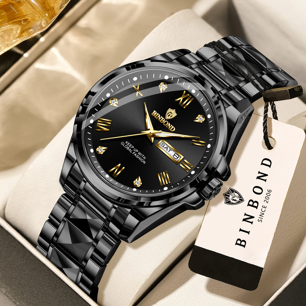 Relógio de pulso de quartzo para homem BINBOND – Estilo profissional, luxuoso, luminoso, robusto e duradouro, estanque, com indicação automática da data e do dia da semana.