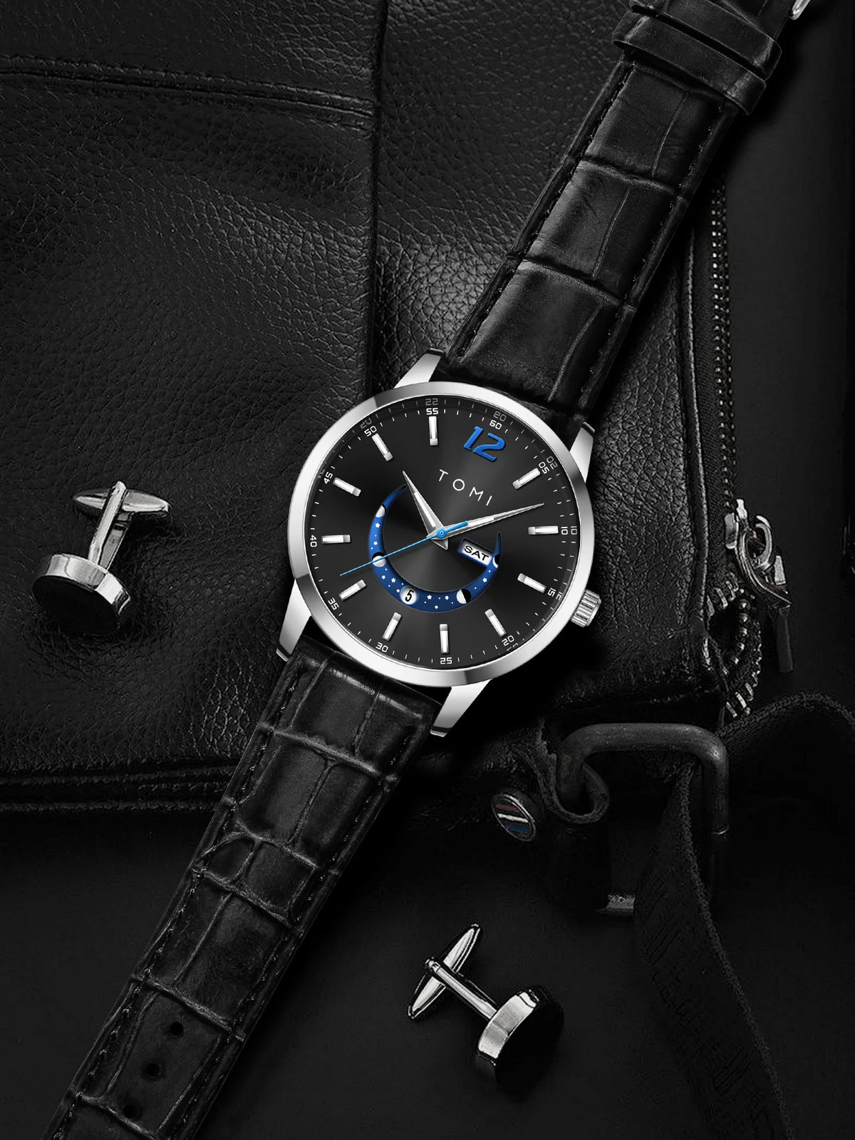 Relógio de quartzo TOMI, estilo empresarial e elegante, com bracelete em pele, caixa em liga metálica e mostrador com ponteiros – Design de alta qualidade, ideia de presente para homem