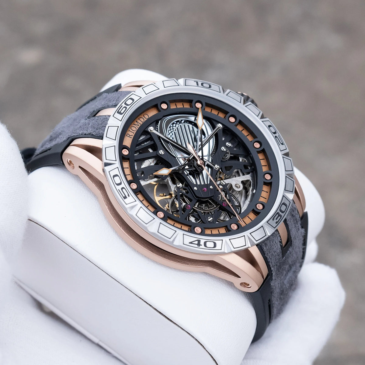 OBLVLO Men's Two Tone Big Skeleton Dial Mechanical Automatic Watch Luminous Waterproof Rubber Band Machinery Clock RD-903
