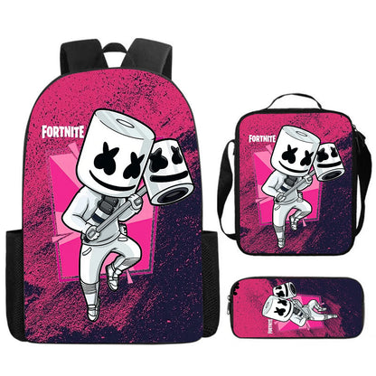 Set Fortnite Cartoon de 3 piezas, gran capacidad, adecuado para niños y niñas de 5 a 8 años, incluye mochila, bolsa para comida y estuche para lápices