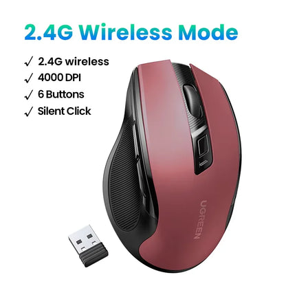 UGREEN bežični miš Bluetooth 5.0, ergonomski miš 4000DPI, 6 tihih tipki, miš za MacBook, tablet, prijenosna računala, računalo PC, 2.4G miševi