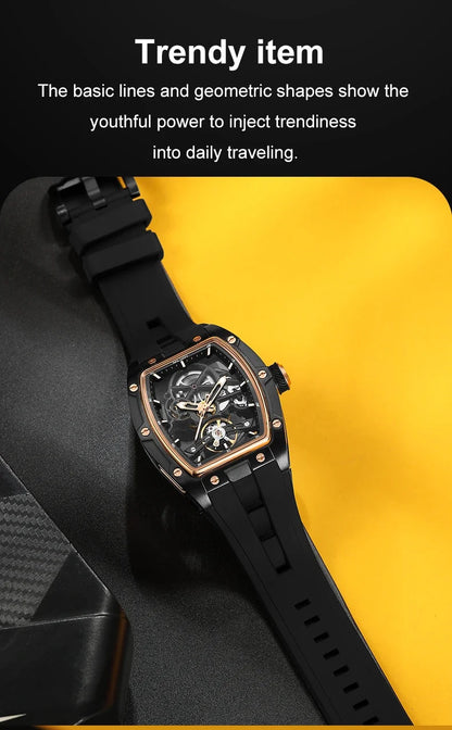Orologio da polso automatico MEGIR da uomo, fashion, cinturino in silicone nero, impermeabile, luminoso, sportivo, meccanico, con quadrante tonneau 2242