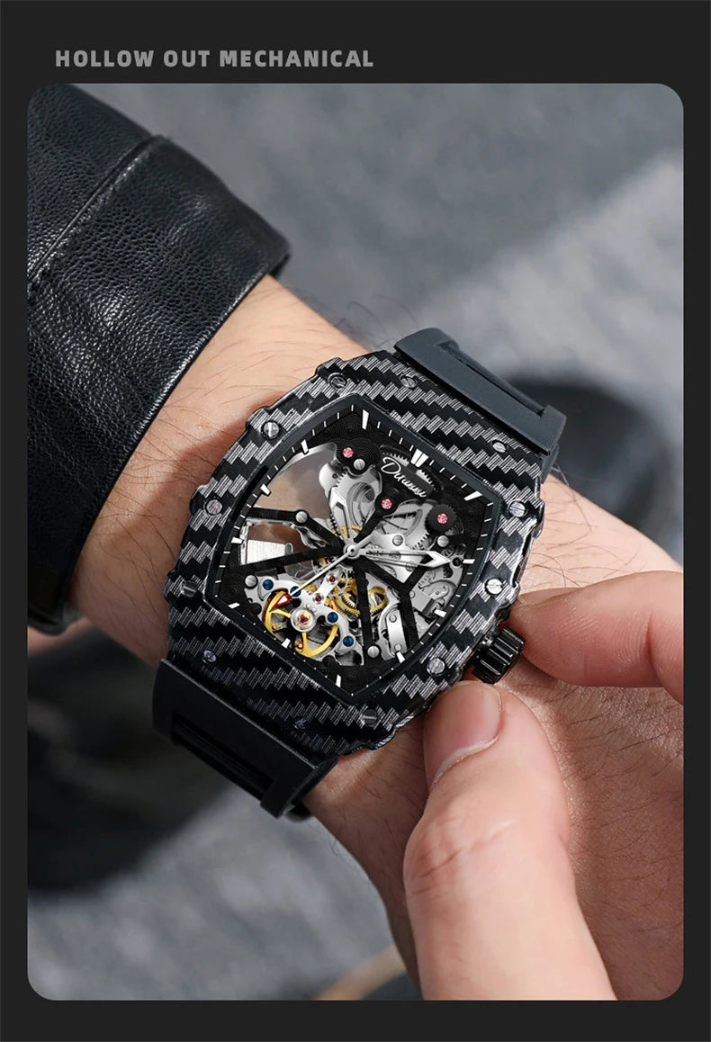 Mechaniczny zegarek Tourbillion dla mężczyzn, silikonowy pasek, szkieletowa koperta tonneau, automatyczne zegarki męskie, luksusowa topowa marka, reloj hombre