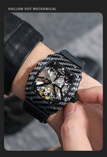 Mechaniczny zegarek Tourbillion dla mężczyzn, silikonowy pasek, szkieletowa koperta tonneau, automatyczne zegarki męskie, luksusowa topowa marka, reloj hombre