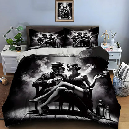 Conjunto de Cama para Crianças com Casal em Cena Esfumada a Preto e Branco, Presente de Luxo, 3 Peças, Edredão com Impressão Digital, Macio e Confortável