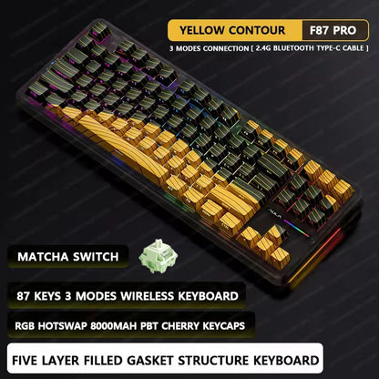 Teclado mecánico AULA F87 Pro 2.4g/USB/Bluetooth inalámbrico trimodo de 87 teclas, RGB, PBT, gasket, 5 capas de amortiguación, teclas completas sin impacto