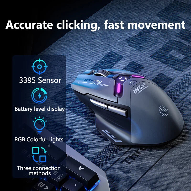 Inphic IN9PRO belaidė žaidimų pelė, 26000DPI, 8K apklausos dažnis, Bluetooth 5.0, laidinė, 2.4G, trijų režimų RGB ergonominė žaidimų pelė