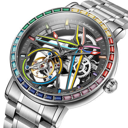 Miesten luurankokello, muodikas malli, koristeltu sateenkaaren väreissä loistavilla jalokivillä, varustettu tourbillon-mekanismilla; ylellinen automaattinen mekaaninen kello, vesitiivis 30 metriin asti.