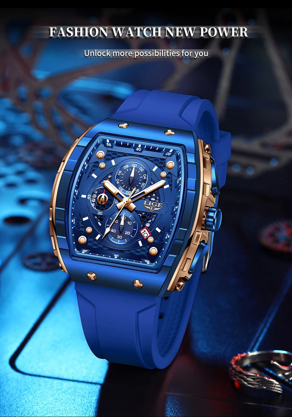 Reloj LIGE para hombre, de moda y lujo, resistente al agua, correa de silicona, cuarzo, luminoso, deportivo, fecha automática, cronógrafo, diseño sencillo