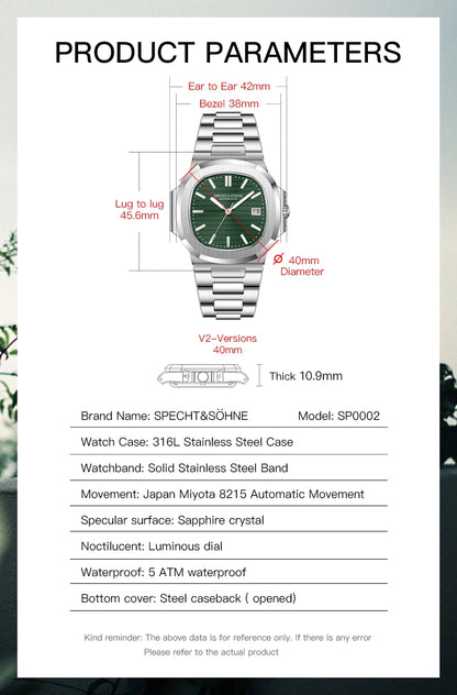 Specht&Sohne 2025 Nuevo reloj clásico de lujo para hombre, reloj automático para hombre en acero inoxidable con zafiro, 8215 reloj de pulsera mecánico