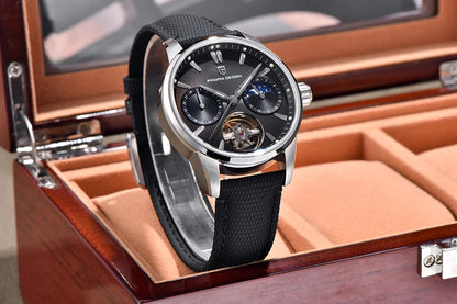 PAGANI DESIGN – Relógio mecânico de luxo para homem, 41 mm, vidro de safira, bracelete em pele, estanque, estilo piloto, com turbilhão e fase lunar