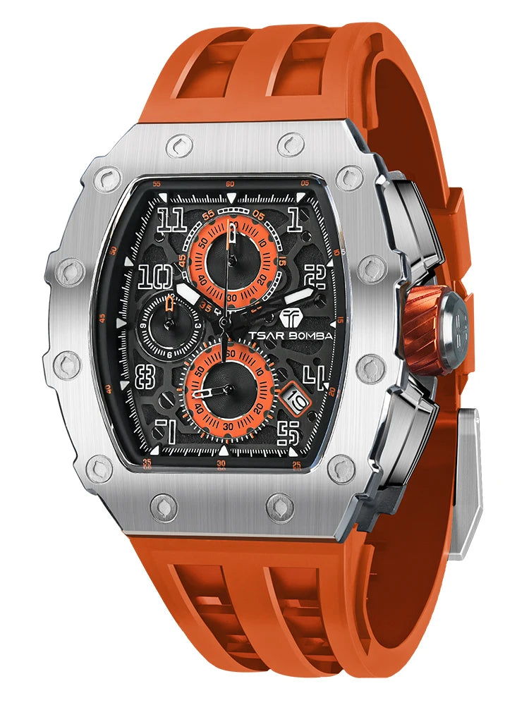 Reloj TSAR BOMBA para hombre, marca de lujo, diseño tonneau, impermeable, de acero inoxidable, reloj de pulsera de moda rectangular para hombre