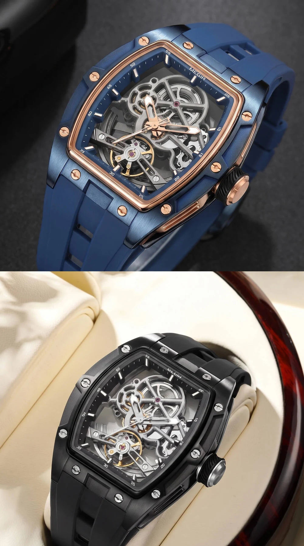 Mechanické pánske hodinky MEGIR, tvar „tonneau“, priehľadný skeletový ciferník, športový štýl, silikónový remienok, luxusné automatické hodinky