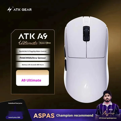 Mouse gaming wireless ATK A9 con tecnologia NearLink, ergonomico, PAW3395, tri-mode Bluetooth a bassa latenza, mouse esports per PC