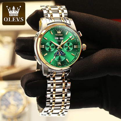 OLEVS 6633 Luxury Men's Watches Automatic Green Watch Men Stainless Steel Waterproof Business Sport Mechanical Wristwatch 6633