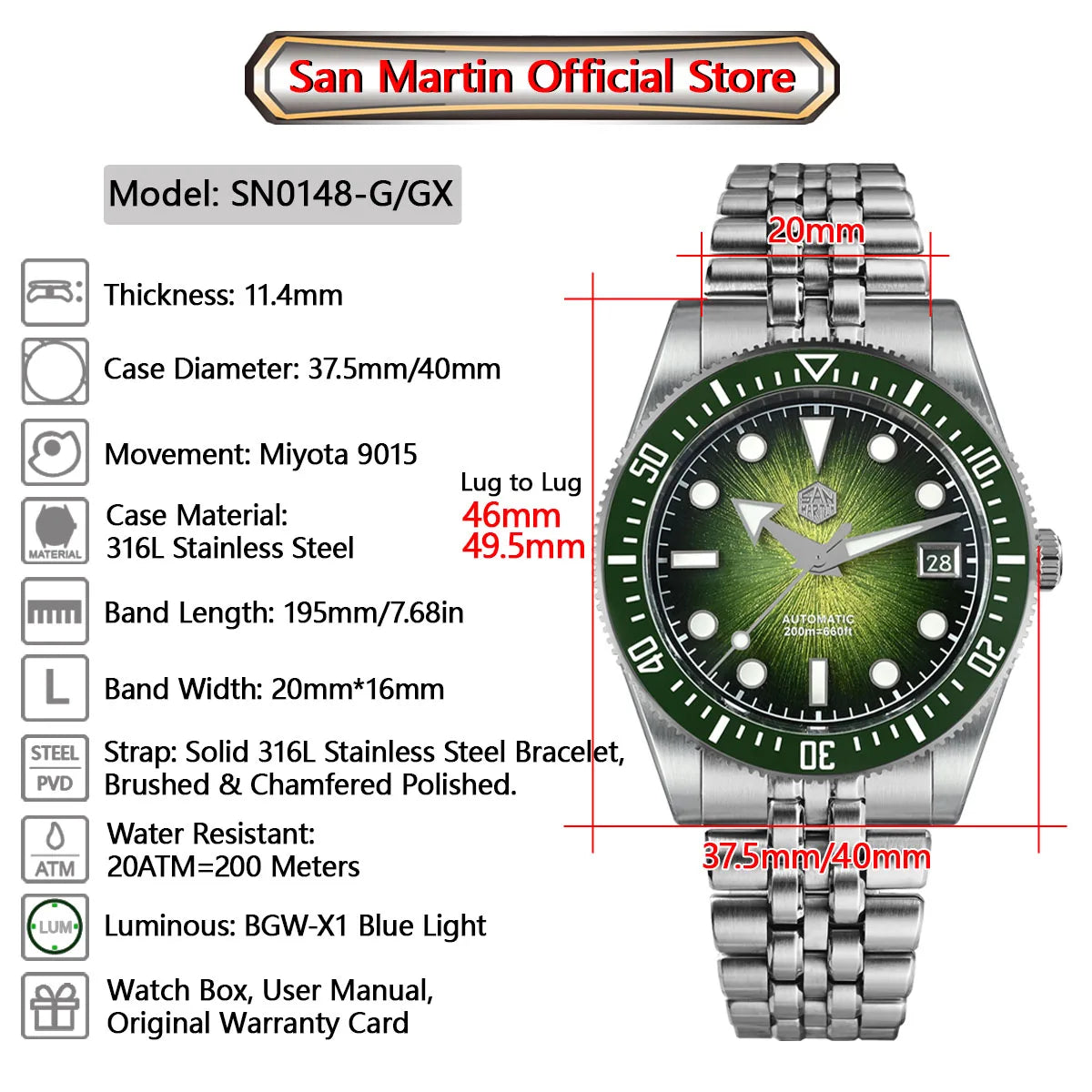 Relógio de mergulho masculino San Martin 37.5mm 40mm Miyota 9015 com mostrador esmaltado, relógio de pulso mecânico automático de luxo, resistente à água 200m SN0148