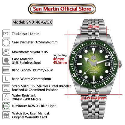 Relógio de mergulho masculino San Martin 37.5mm 40mm Miyota 9015 com mostrador esmaltado, relógio de pulso mecânico automático de luxo, resistente à água 200m SN0148