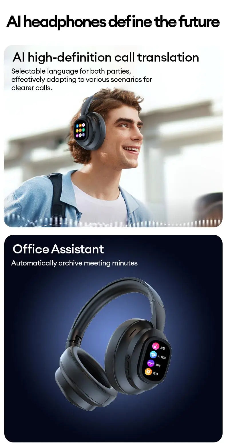 Auriculares inalámbricos Bluetooth con pantalla táctil LCD AI – Headset gaming con cancelación de ruido ANC, graves profundos y micrófono HD