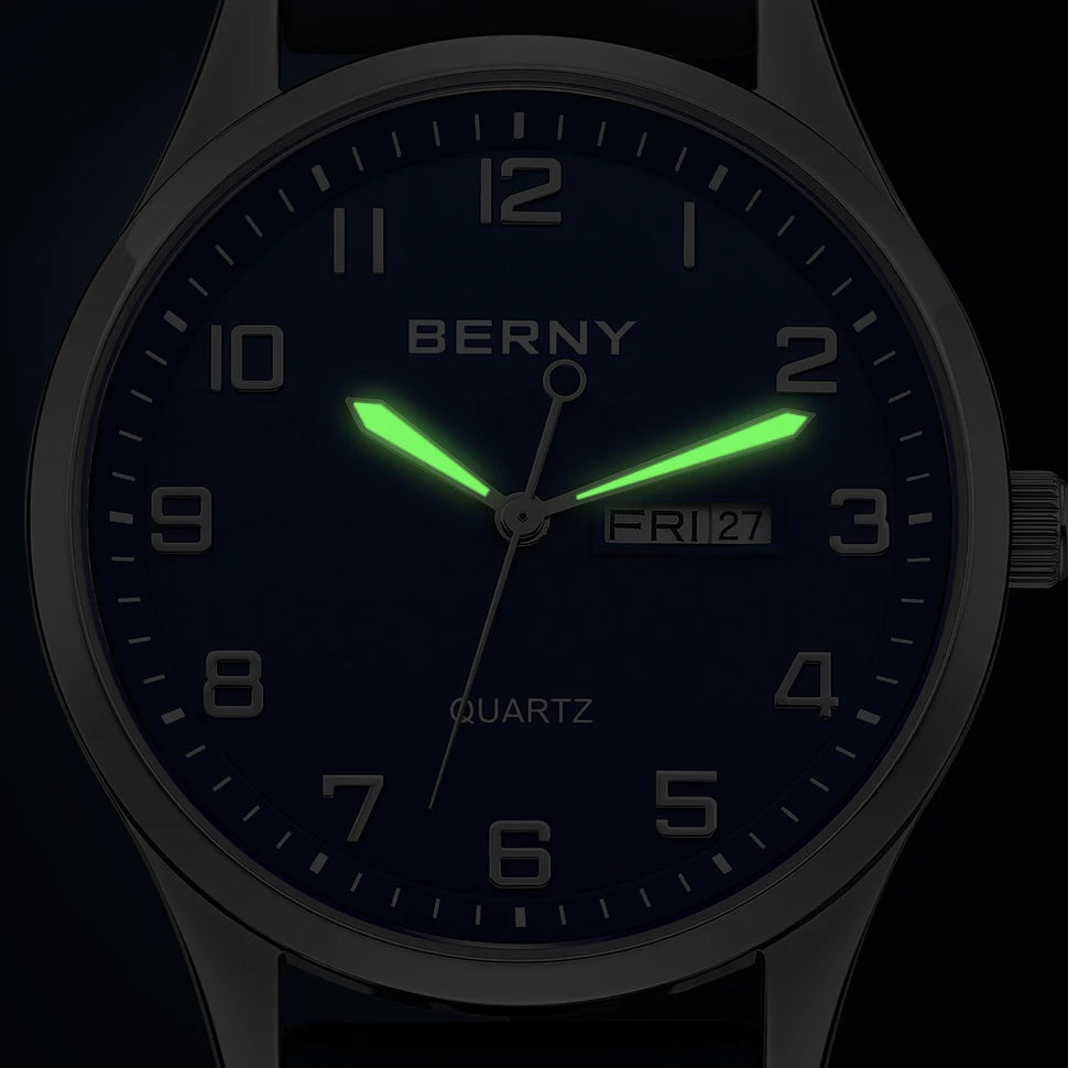 BERNY Men's Watches Luminous Calendar Week Quartz Men Watch Casual Soft Silicone Strap Easy Read Big Dial Sports Wristwatch