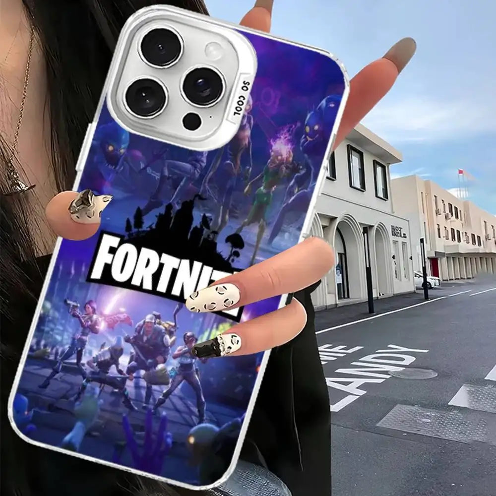 Funda de móvil F-Fortnites para iPhone 17 16 15 14 13 12 11 Pro Max Plus, cubierta color plata