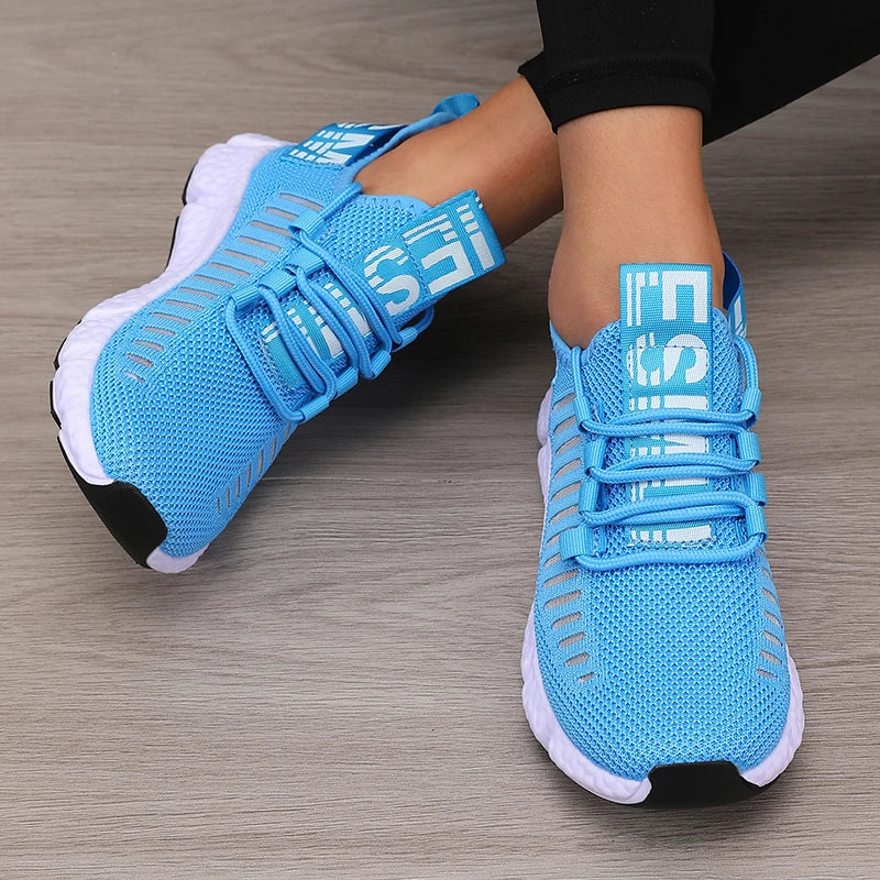 Zapatillas deportivas de mujer de malla, ligeras, con suela suave, correa para jogging, transpirables, de moda, para caminar, deportivas informales, de tenis, planas, para hombre