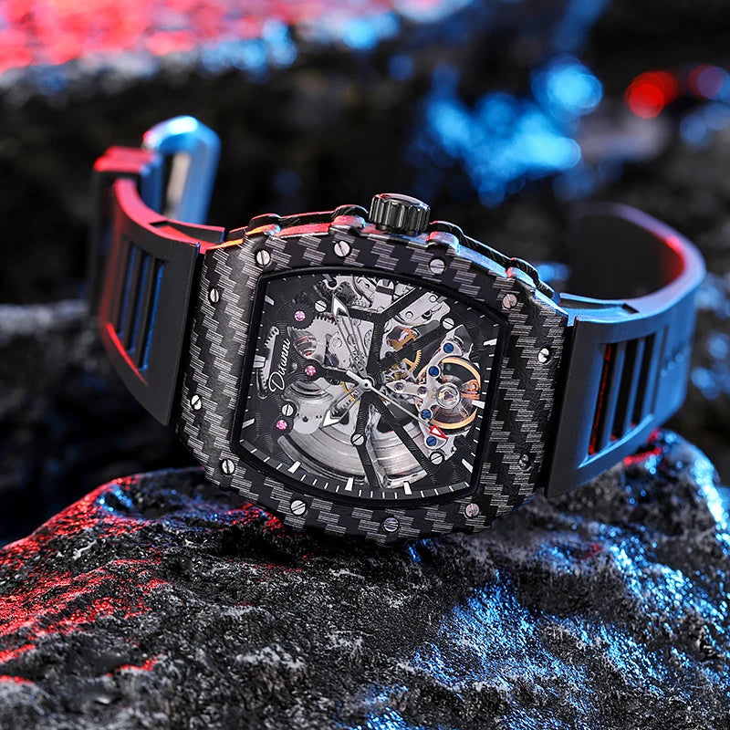 Mechaniczny zegarek Tourbillion dla mężczyzn, silikonowy pasek, szkieletowa koperta tonneau, automatyczne zegarki męskie, luksusowa topowa marka, reloj hombre