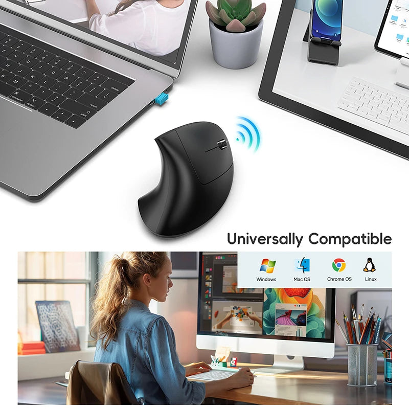 Ratón inalámbrico Bluetooth vertical de doble modo, silencioso y recargable para gaming, compatible con Win, Mac OS, portátil y ordenador