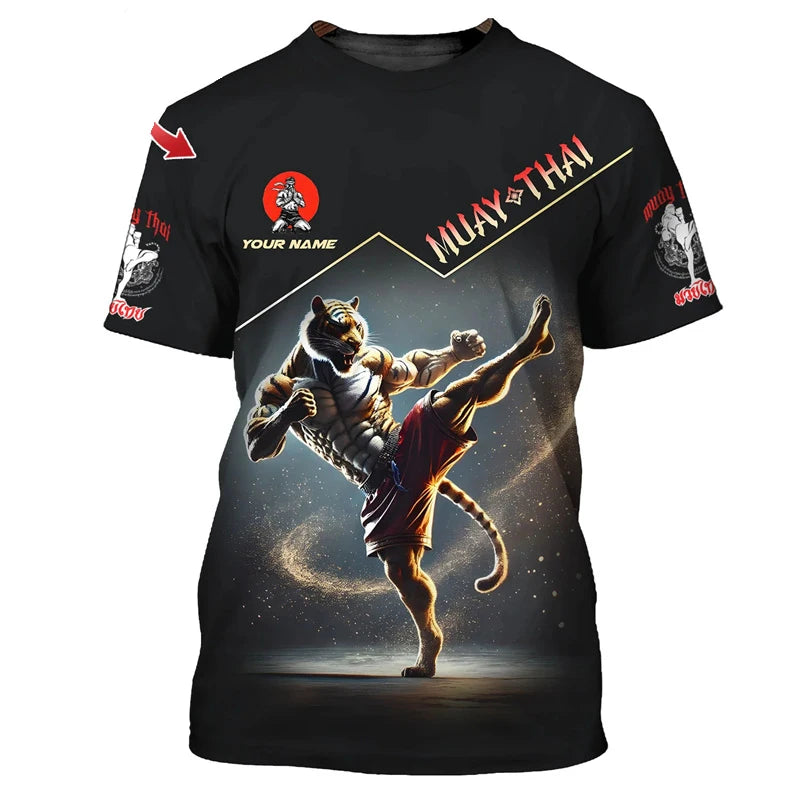 Fajna nowa koszulka z nadrukiem graficznym Muay Thai dla mężczyzn – nadruk 3D z motywem tygrysa i smoka, spersonalizowana z imieniem, letnia koszulka na siłownię i do fitnessu