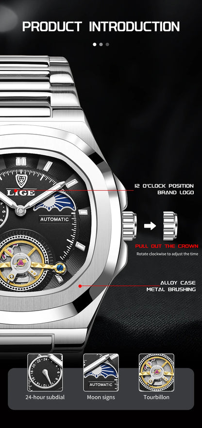 LIGE Watch For Man Luxury Business Waterproof Luminous Mechanical Watches Fashion Moon Phase Automatic Movement Men's Watches
