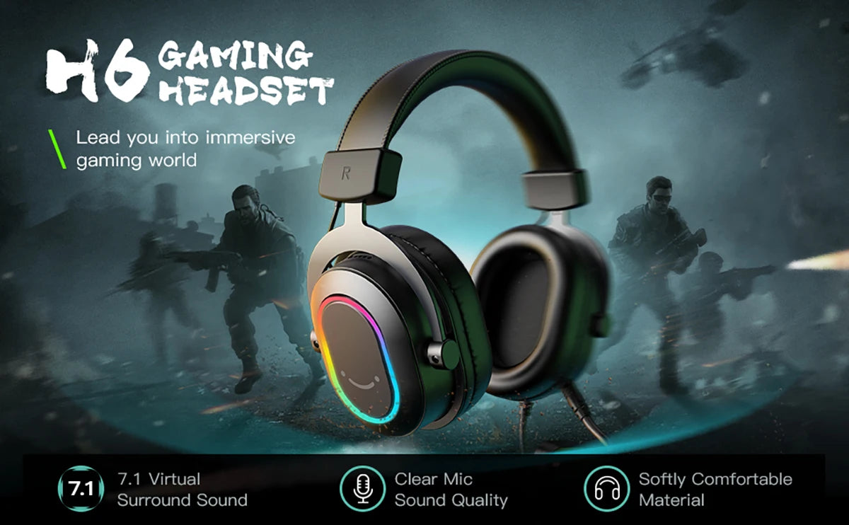 Auriculares gaming RGB dinámicos Fifine con micrófono, diseño over-ear, sonido envolvente 7.1, PC PS4 PS5, 3 opciones de EQ: juego, película, música - H6