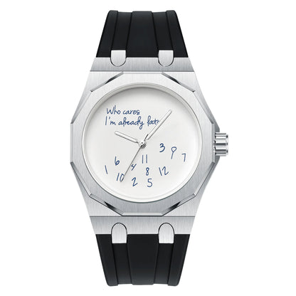 Relógio de luxo para homem com caixa octogonal e bracelete em silicone, à prova de água, dotado de um mostrador com o slogan humorístico «Who Cares I'm Already Late» (E daí, já estou atrasado).