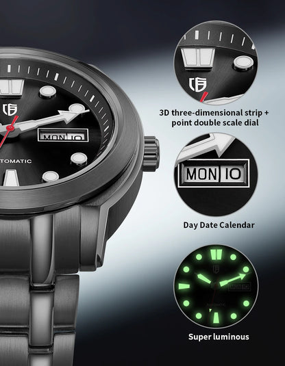 BERNY Automatic Men Watch Supper Luminous Sapphire Stainless Steel 100M Waterproof Business Casual Mechanical Wristwatch for Men