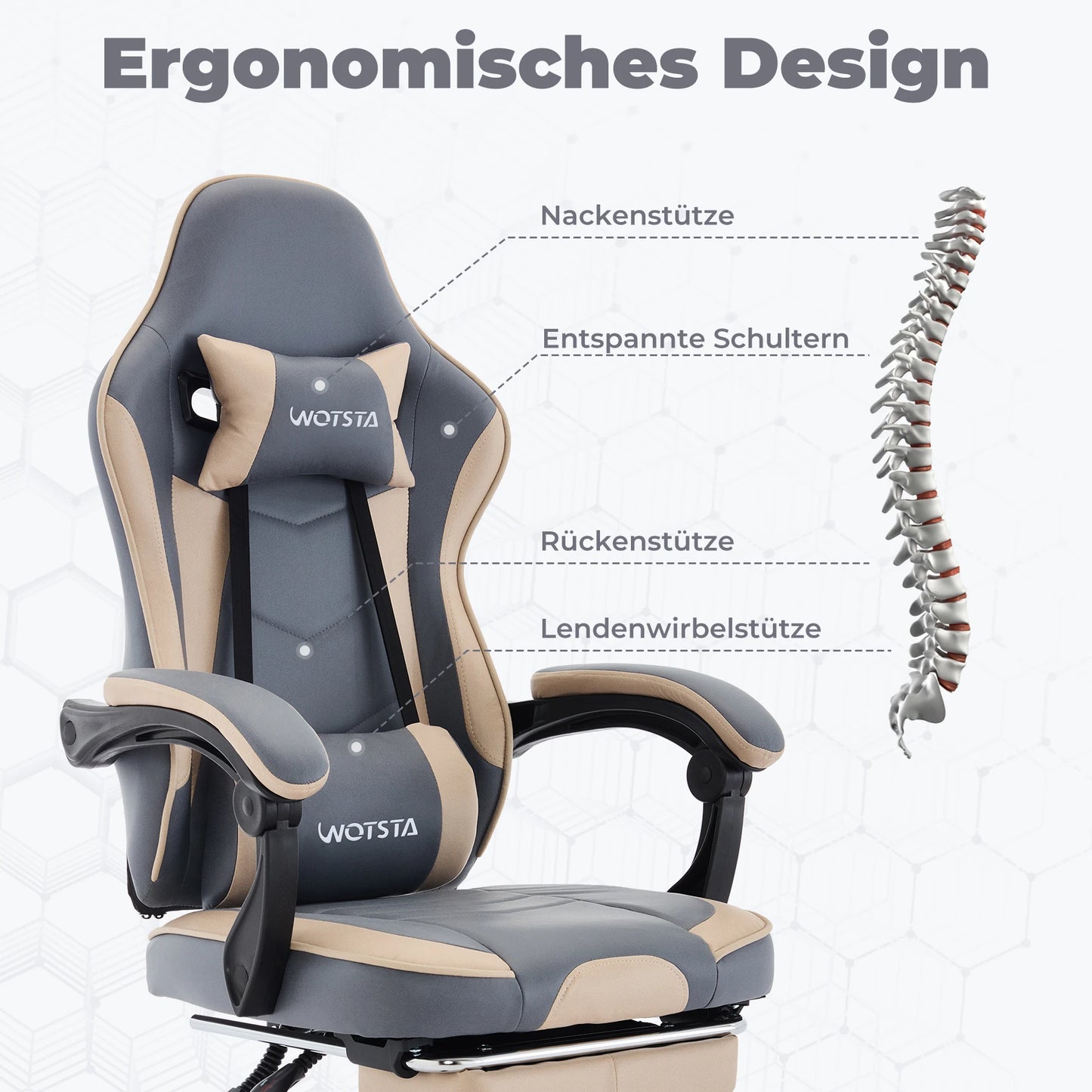 Silla gaming WOTSTA con reposapiés, silla para gamers ergonómica con cojín lumbar, reposacabezas y altura ajustable para ordenador