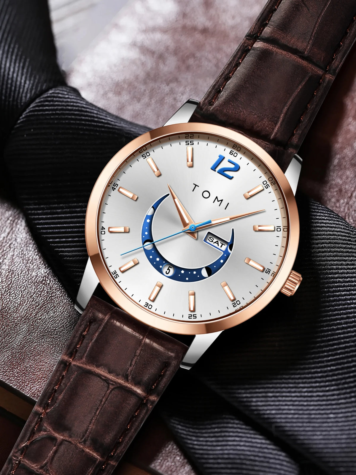 Relógio de quartzo TOMI, estilo empresarial e elegante, com bracelete em pele, caixa em liga metálica e mostrador com ponteiros – Design de alta qualidade, ideia de presente para homem