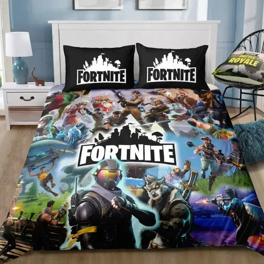 Fortnite-vuodevaatesetti 3 osaa, 3D-painettu makuuhuoneen vuodevaatesetti, peli- ja sarjakuvatyylinen koristeellinen pussilakana ja tyynyliina, syntymäpäivälahja