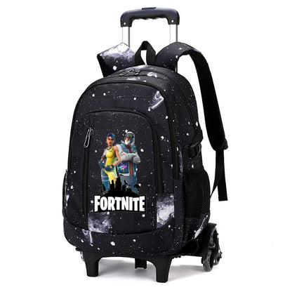 Mochila trolley 2 en 1 Fortnite con estampado de cielo estrellado, gran capacidad, impermeable, compartimento para portátil, diseño para subir escaleras, mochila escolar para estudiantes
