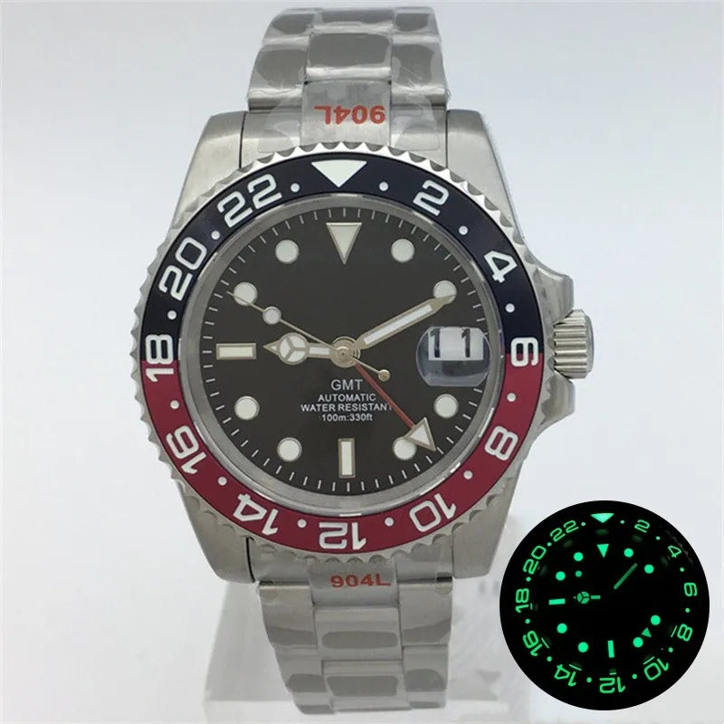 BLIGER 40mm NH34 GMT Watch For Men Mechanical Wristwatch Luminous Bezel Sapphire Glass Stainless Steel Bracelet Reloj Hombre