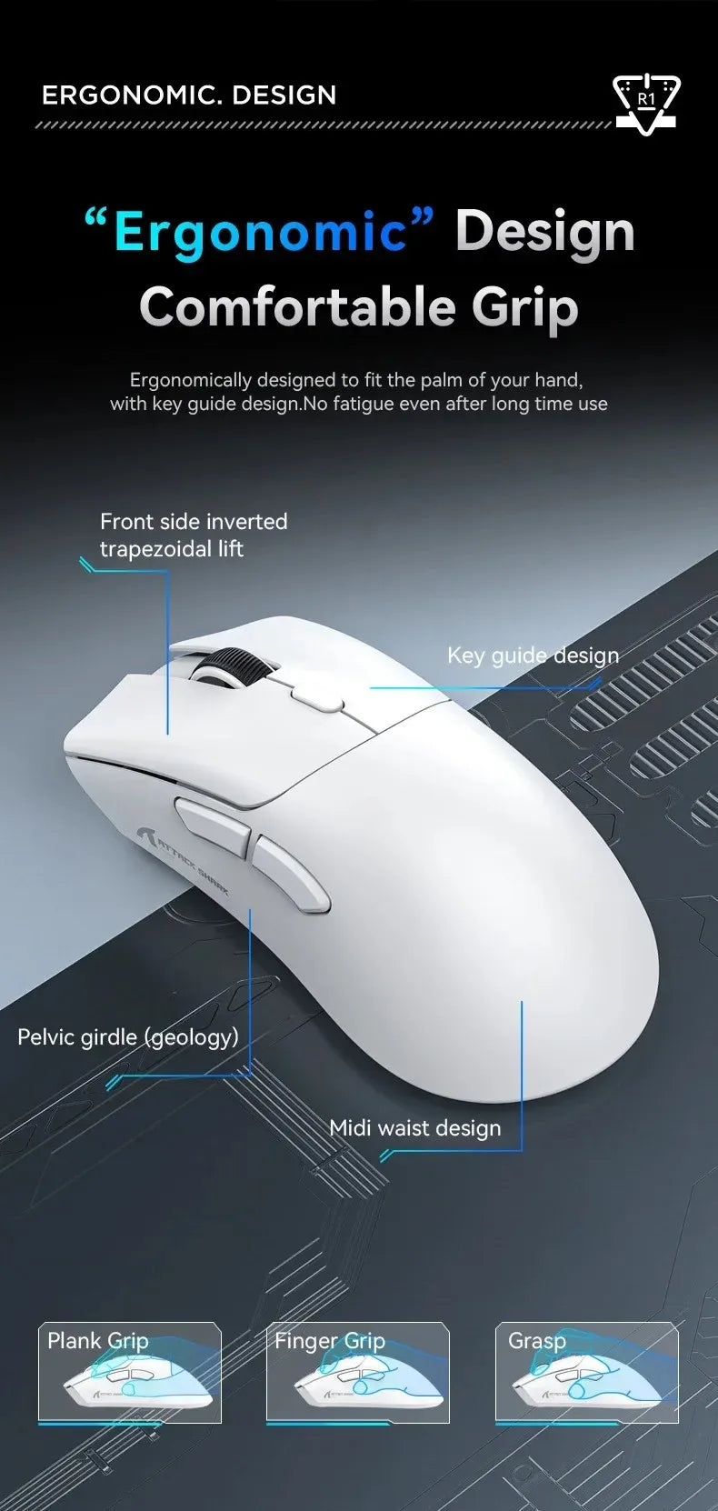 ATTACK SHARK R1 59g Ultra-light Mouse have PAW3311,18000DPI,400IPS,40G,1000Hz,Tri-Mode,Broadcom BK3633 Master,20 Million Times