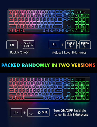 Combo tastiera e mouse wireless con retroilluminazione RGB, lettere illuminate ricaricabili, formato full-size, ergonomico, modalità sleep, 2.4GHz