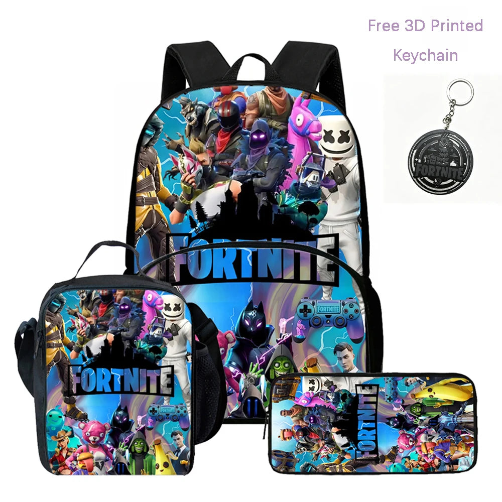 Zaino FORTNITE leggero 3 pezzi con tasca frontale, borsa pranzo, astuccio e portachiavi 3D stampato gratuito per bambini e bambine dai 5 ai 10 anni
