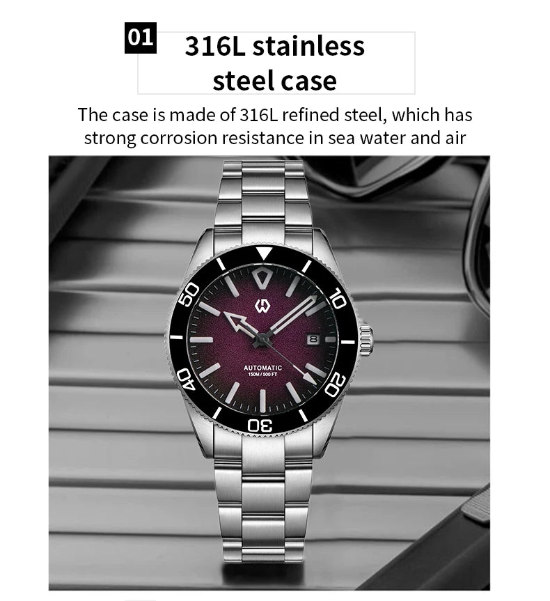 Upgraded Model 9017 Automatic Watch Mechanical 3D Dimensional Luminous Watch Needle Ceramic Bezel 150 Meters Waterproof Diving