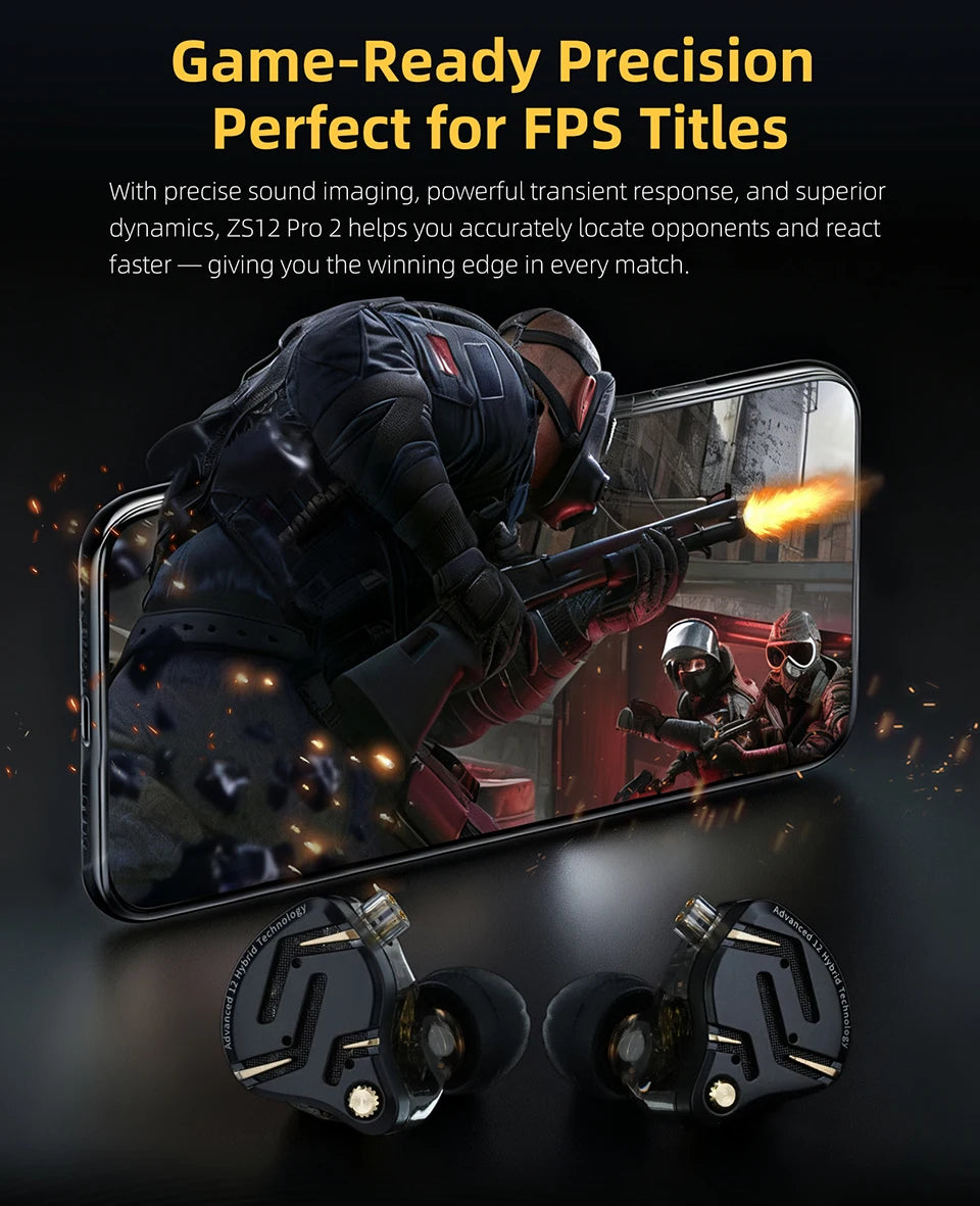 KZ ZS12 PRO 2 Hybrid-IEM-Kopfhörer – HiFi-Bass kabelgebundene Gaming-Ohrhörer mit superlinearen Treibern
