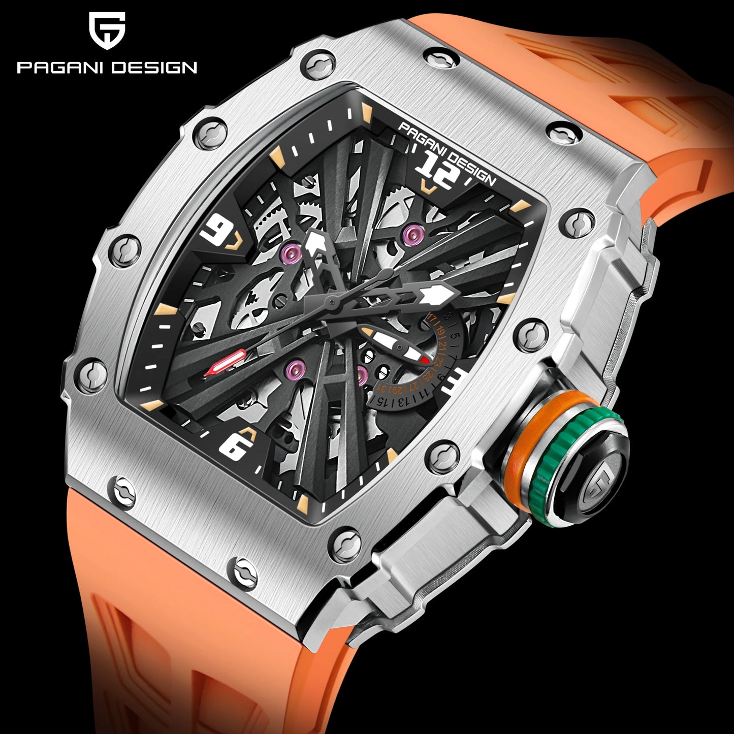 Orologio da uomo PAGANI DESIGN 2026 New al quarzo, movimento VH65, quadrante scheletrato, impermeabile 100M, sportivo rettangolare, vetro zaffiro