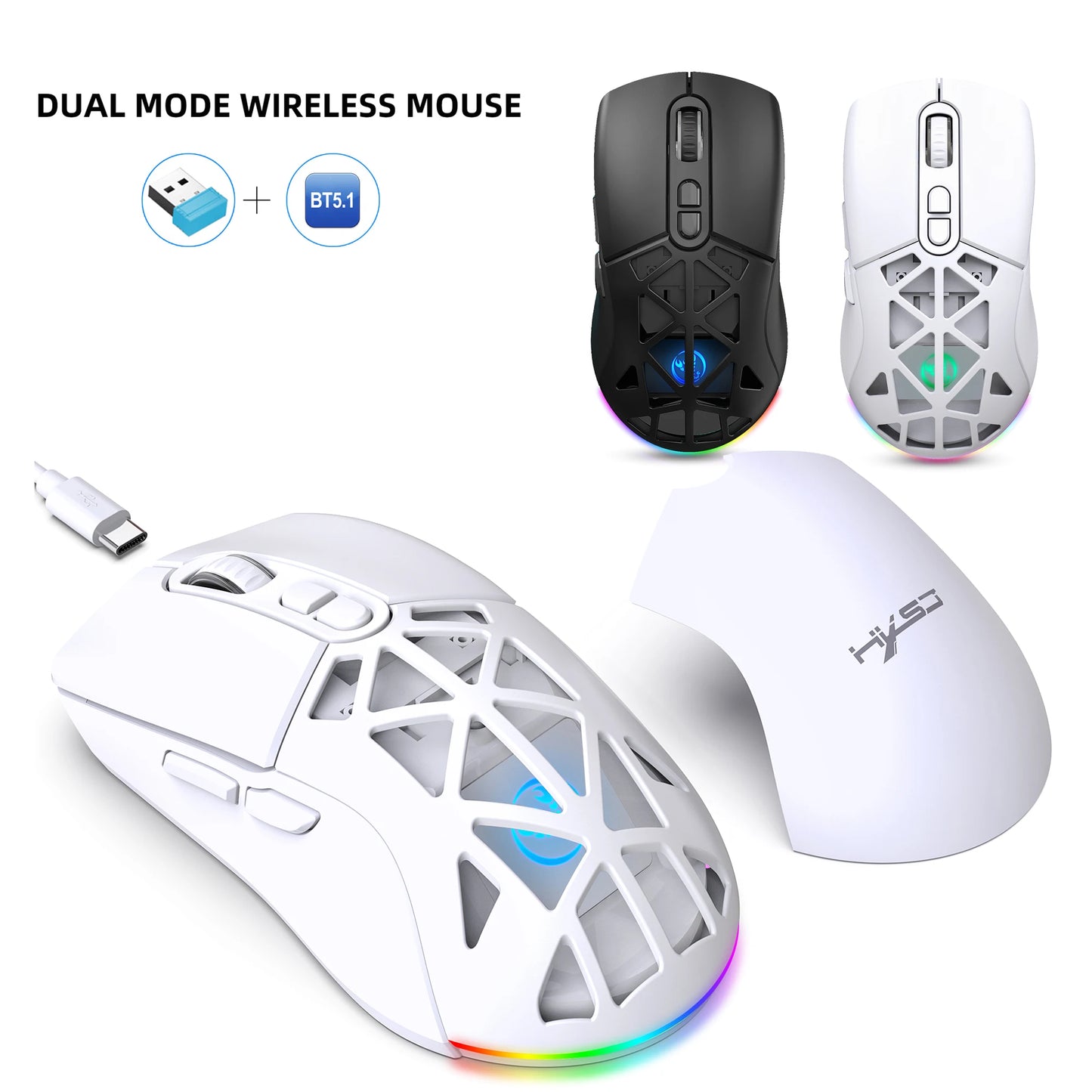 Ratón gaming HXSJ T26 de doble modo 2.4G+BT5.1, inalámbrico para portátil, 4800DPI ajustables, óptico, ergonómico para gamer
