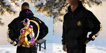 Set felpa con cappuccio nera Dragon Ball Z Frieza Golden Form con stampa posteriore effetto energia viola, in cotone, con logo M