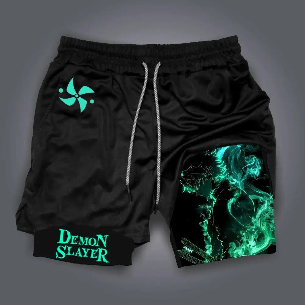 Pantaloncini da palestra da uomo Anime Demon Slayer ad asciugatura rapida, pantaloncini doppio strato 2 in 1, sportswear Y2K estate 2026, streetwear traspirante