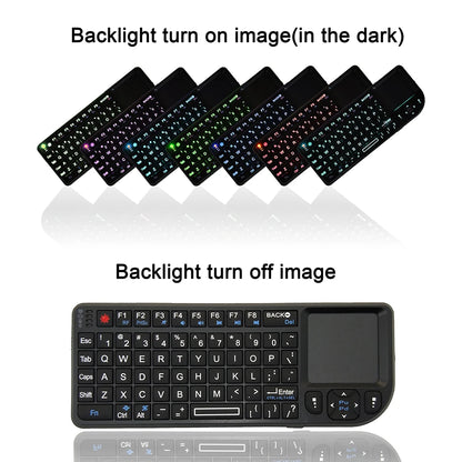 Teclado inalámbrico A8 Mini 2.4G con retroiluminación de 7 colores, teclado portátil 3 en 1 con panel táctil y Air Mouse para Android TV Box, PC y tablet